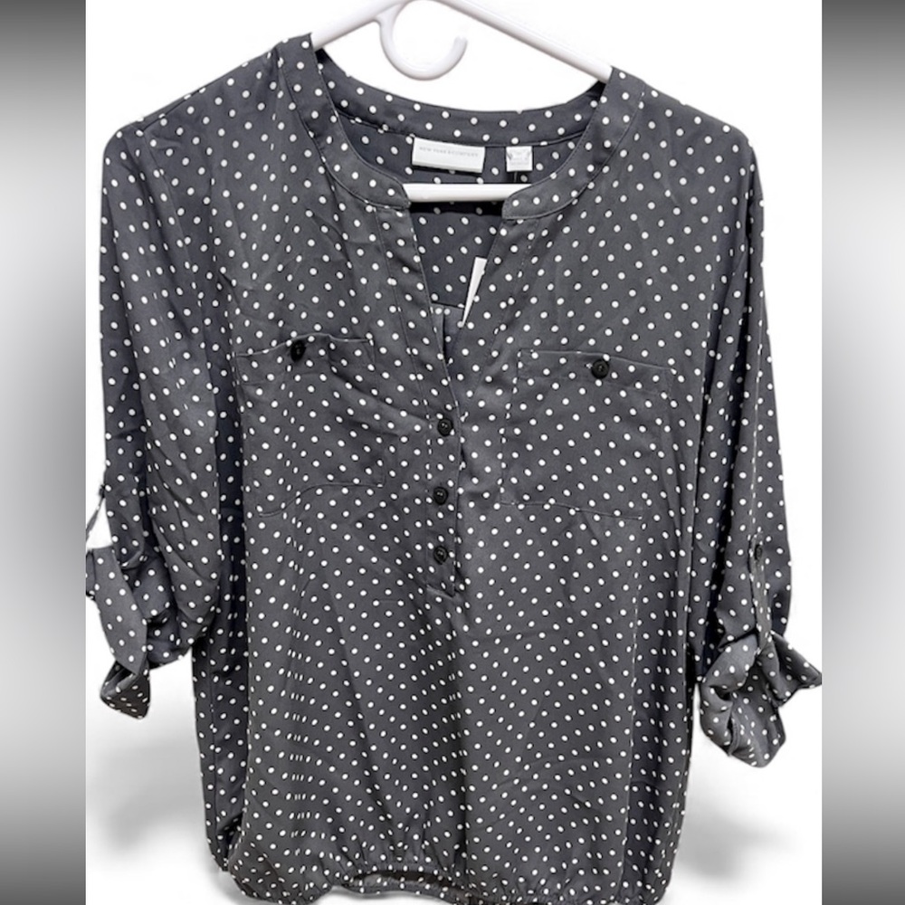 New York & Company Charcoal Polka Dot Blouse